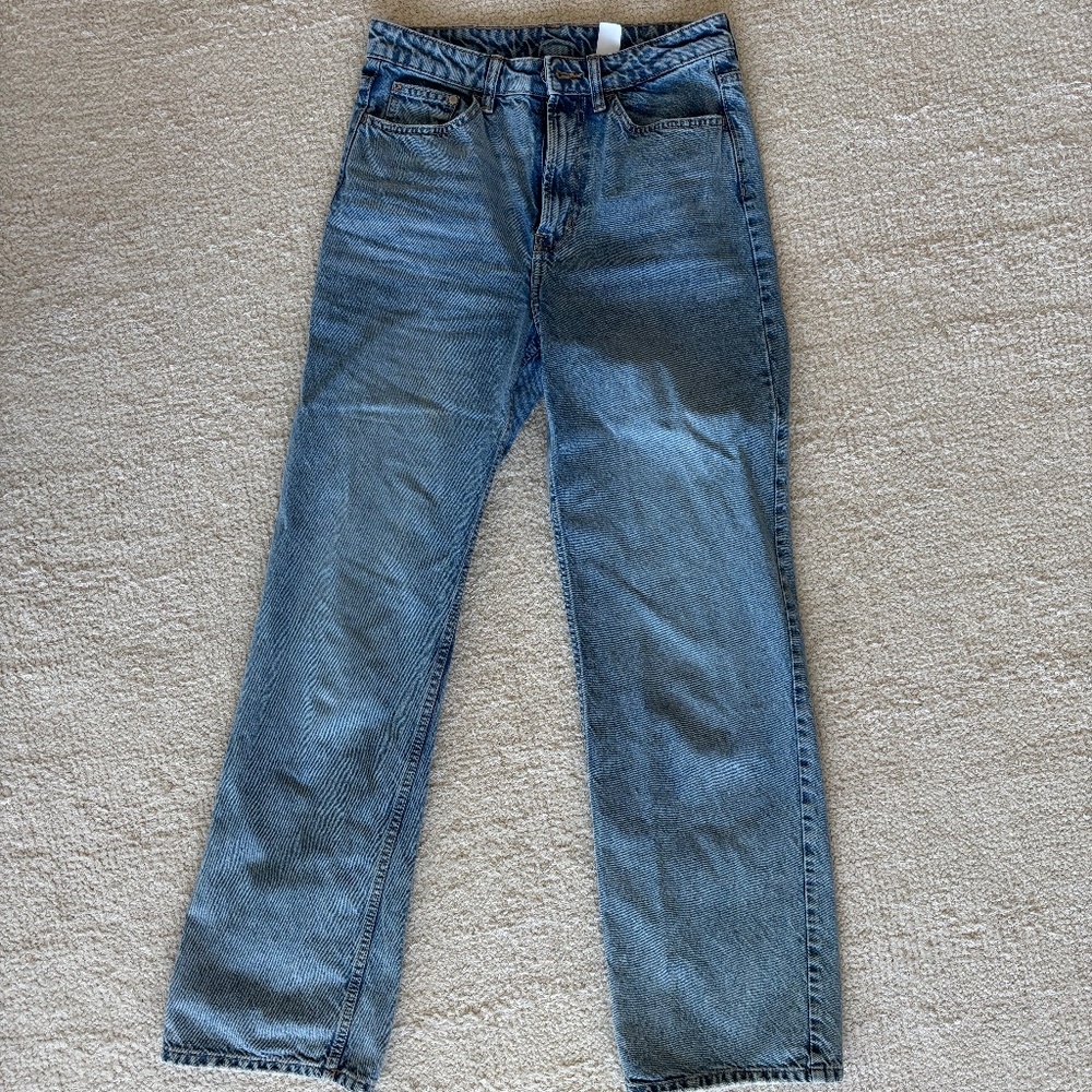 High waisted medium wash wide leg denim jeans